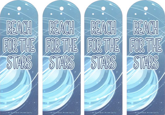 Four blue bookmarks with 'Reach for the Stars' text and celestial design.