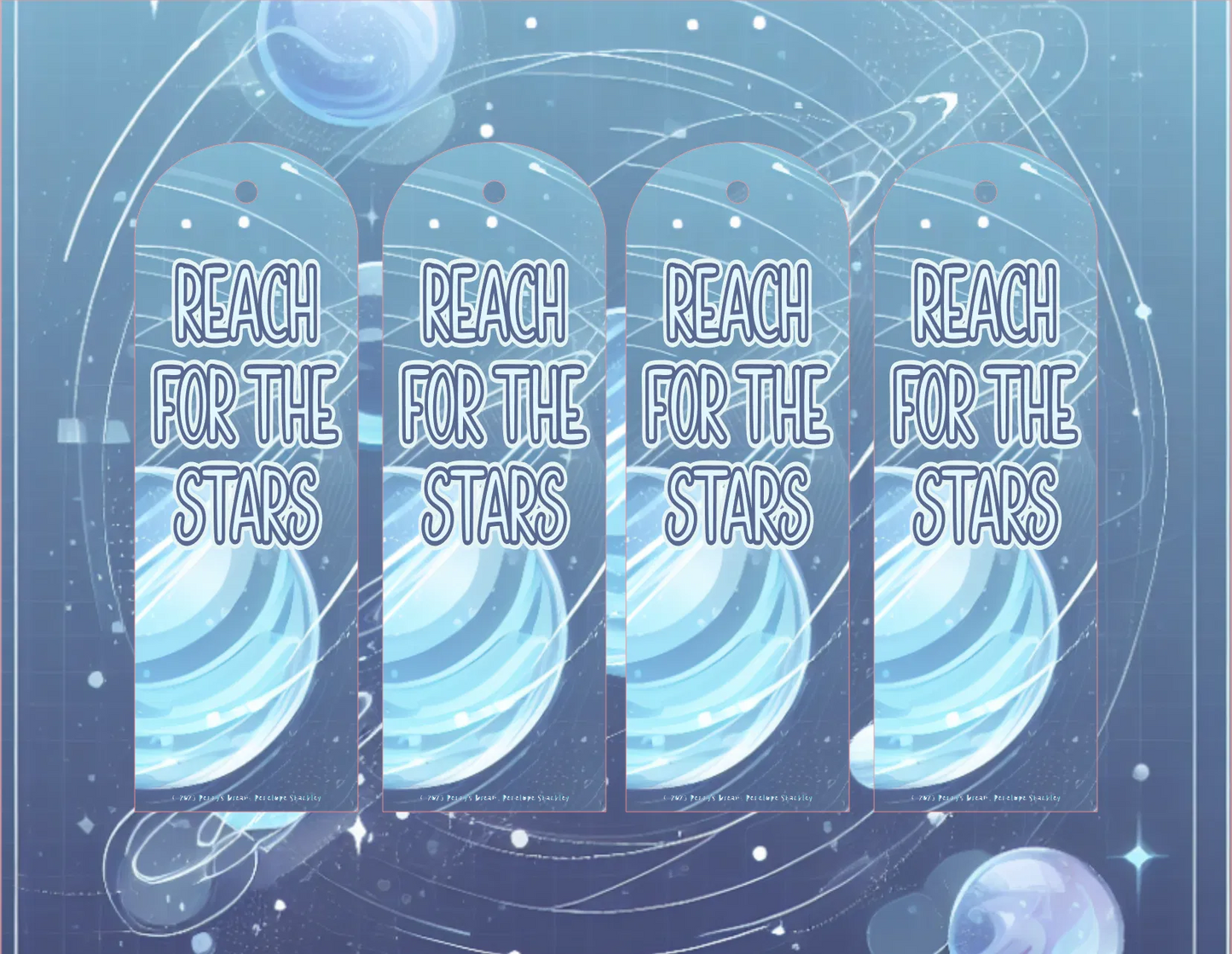 Motivational poster with 'Reach for the Stars' text and celestial design on a blue background