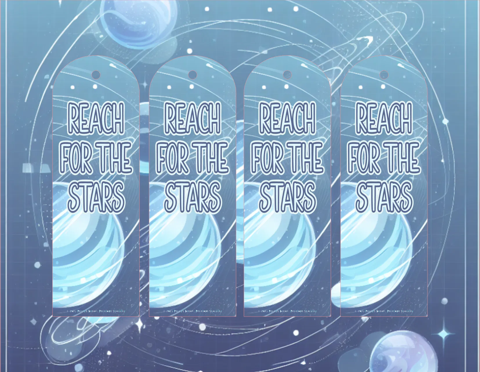 Motivational poster with 'Reach for the Stars' text and celestial design on a blue background