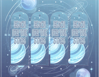 Motivational poster with 'Reach for the Stars' text and celestial design on a blue background
