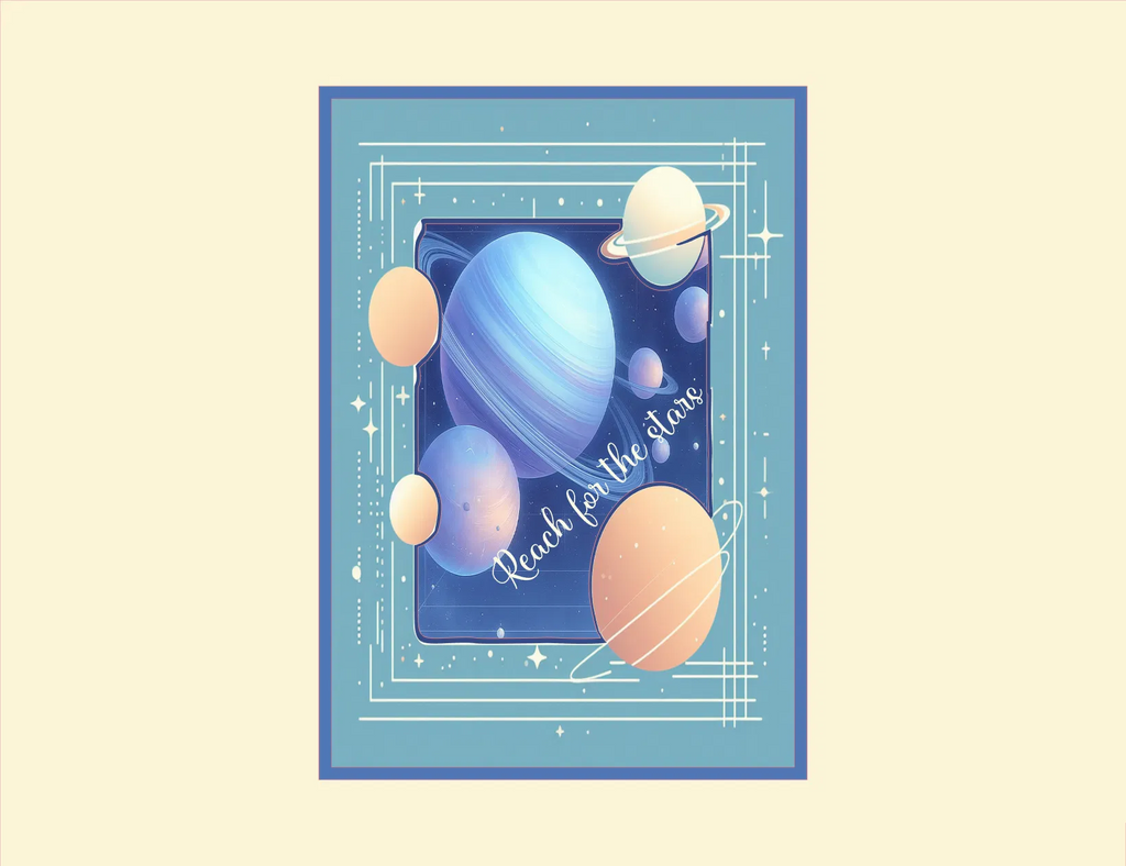 Decorative poster with space-themed design and motivational quote on a beige background