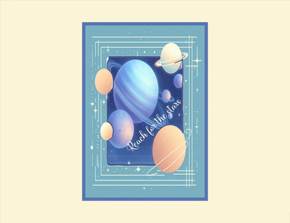 Decorative poster with space-themed design and motivational quote on a beige background
