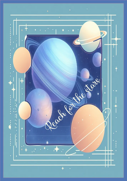 Illustration of a planet with 'Reach for the stars' text on a blue background
