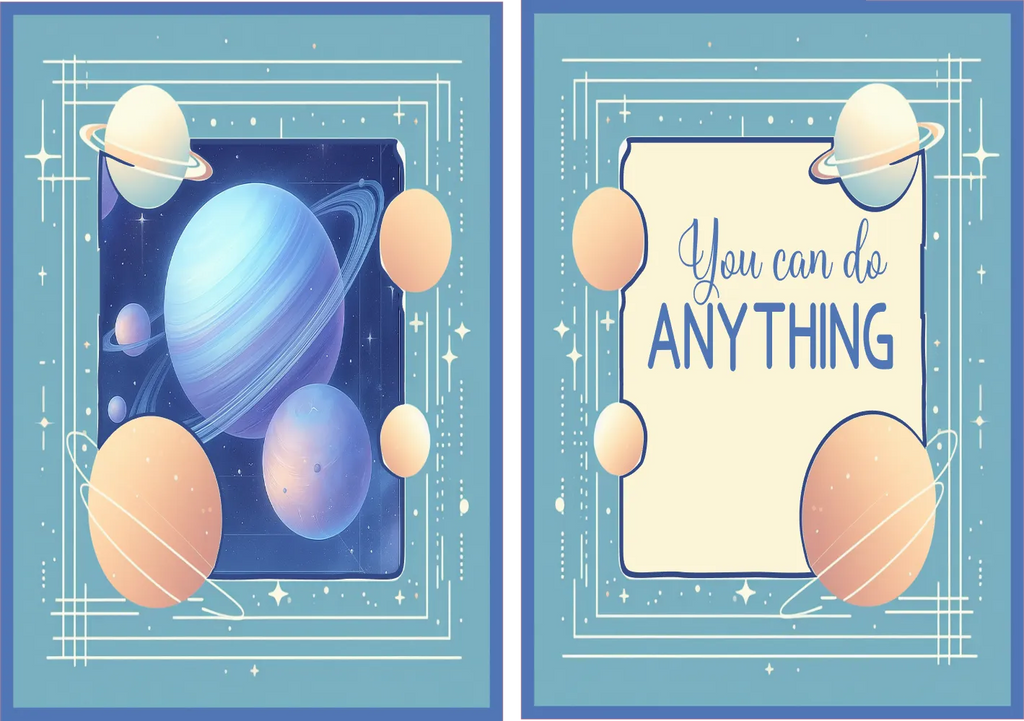 Two motivational posters with space-themed designs and inspirational text on a blue background.