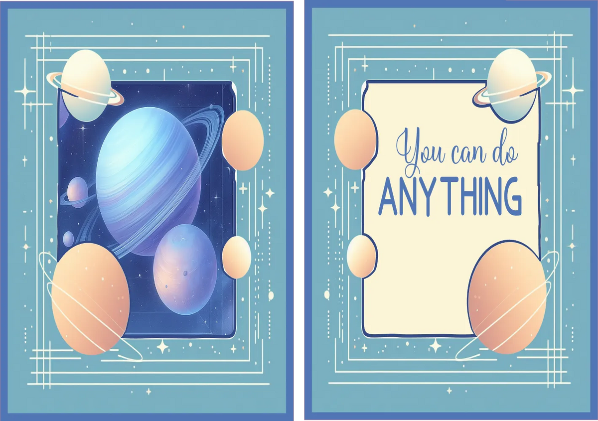 Two motivational posters with space-themed designs and inspirational text on a blue background.