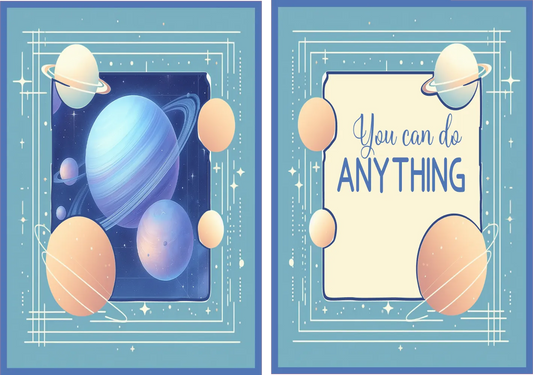 Two motivational posters with space-themed designs and inspirational text on a blue background.
