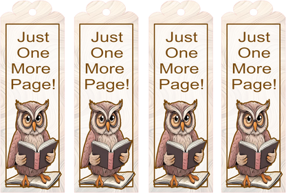 Four identical bookmarks with an owl holding a book and 'Just One More Page!' text on a white background.