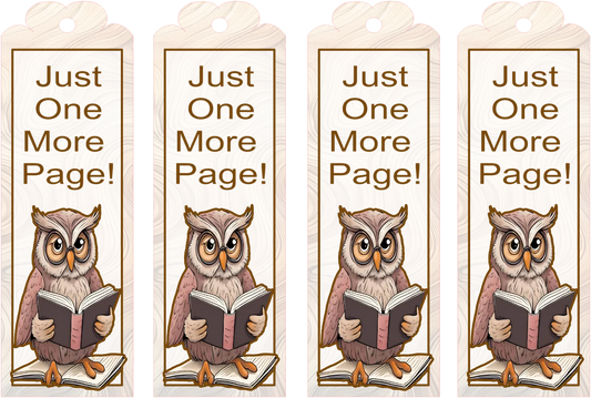 Four identical bookmarks with an owl holding a book and 'Just One More Page!' text on a white background.