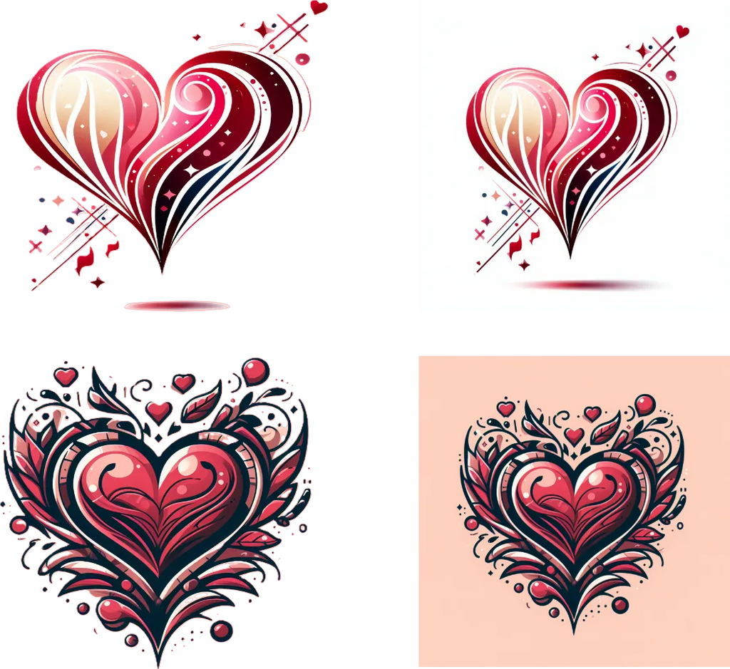 Four decorative heart designs in red, black, and white on a white background.