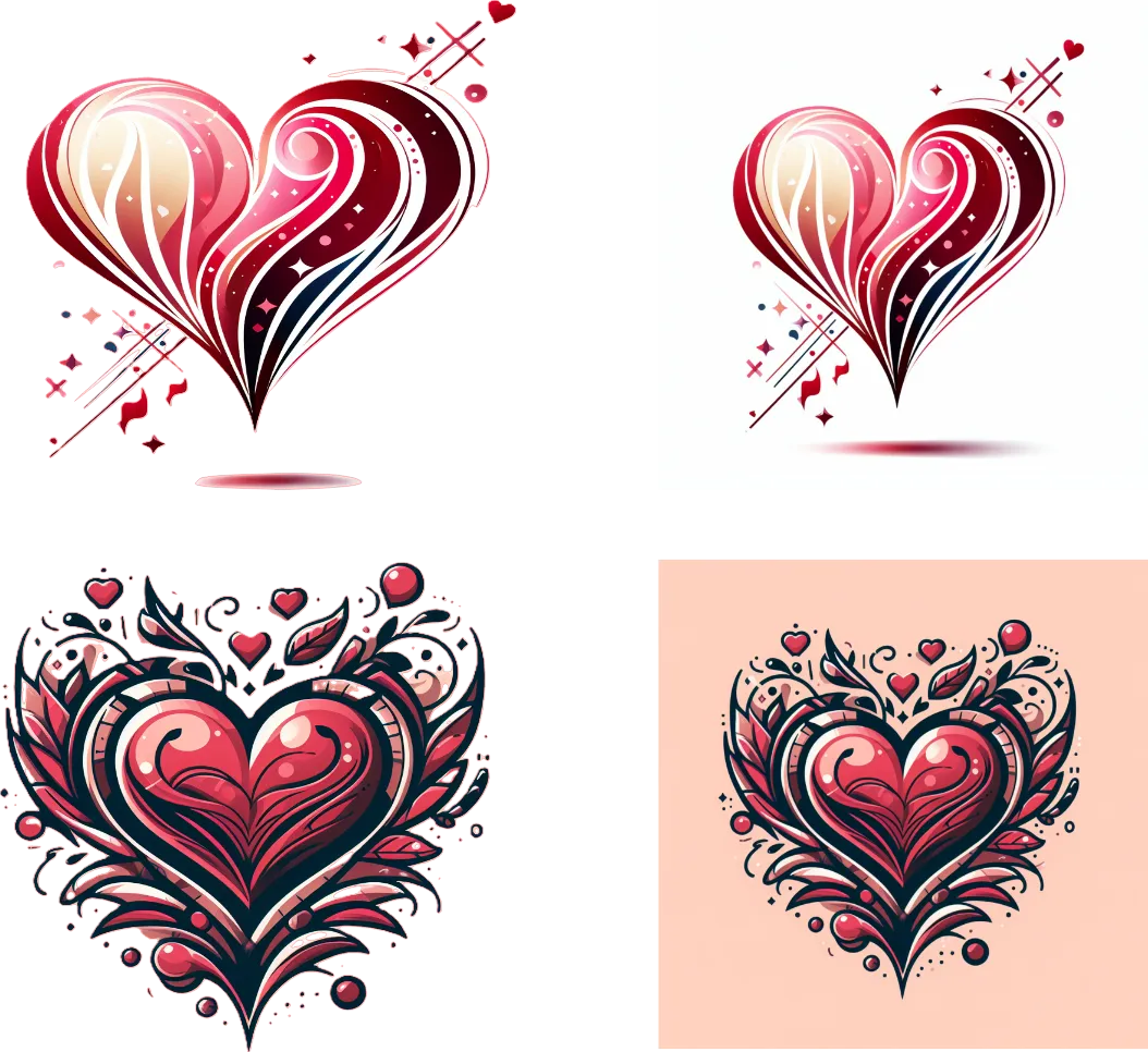 Four decorative heart designs in red, black, and white on a white background.