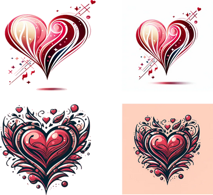 Four decorative heart designs in red, black, and white on a white background.