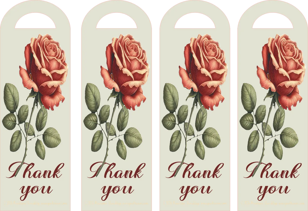 Four identical bookmarks with a rose design and 'Thank you' text on a beige background.