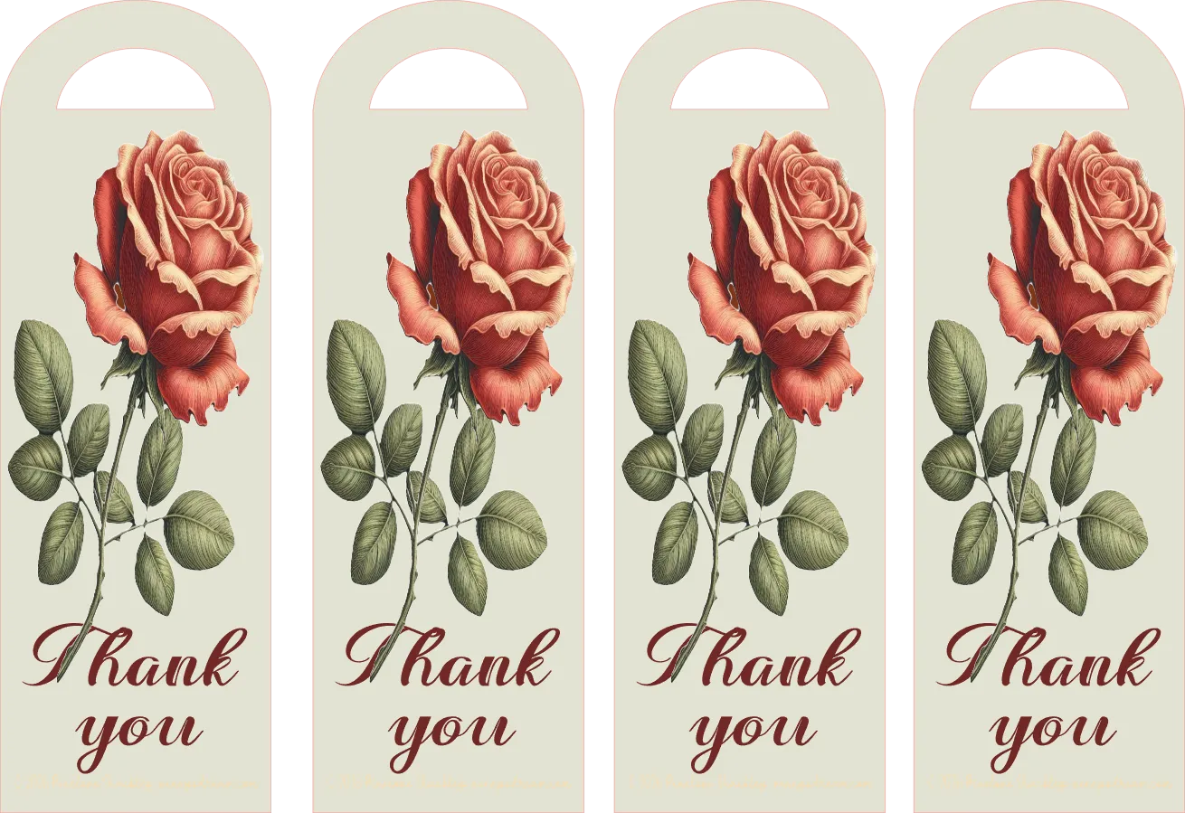 Four identical bookmarks with a rose design and 'Thank you' text on a beige background.