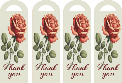 Four identical bookmarks with a rose design and 'Thank you' text on a beige background.