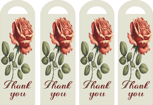 Four identical bookmarks with a rose design and 'Thank you' text on a beige background.