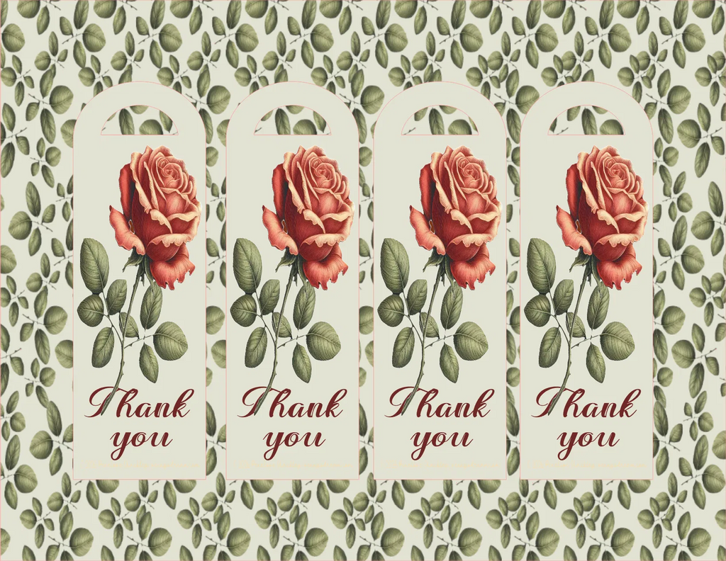 Four identical 'Thank you' cards with red roses on a patterned background