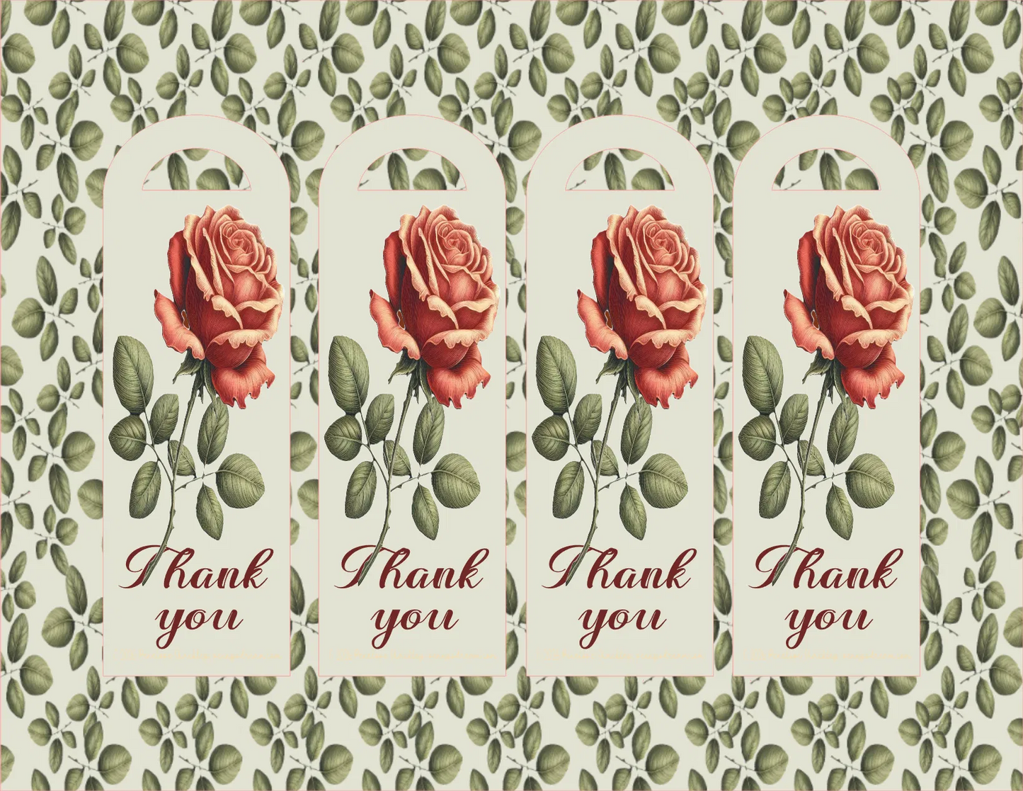 Four identical 'Thank you' cards with red roses on a patterned background