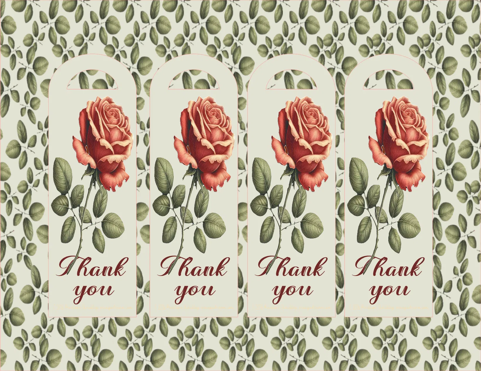 Four identical 'Thank you' cards with red roses on a patterned background