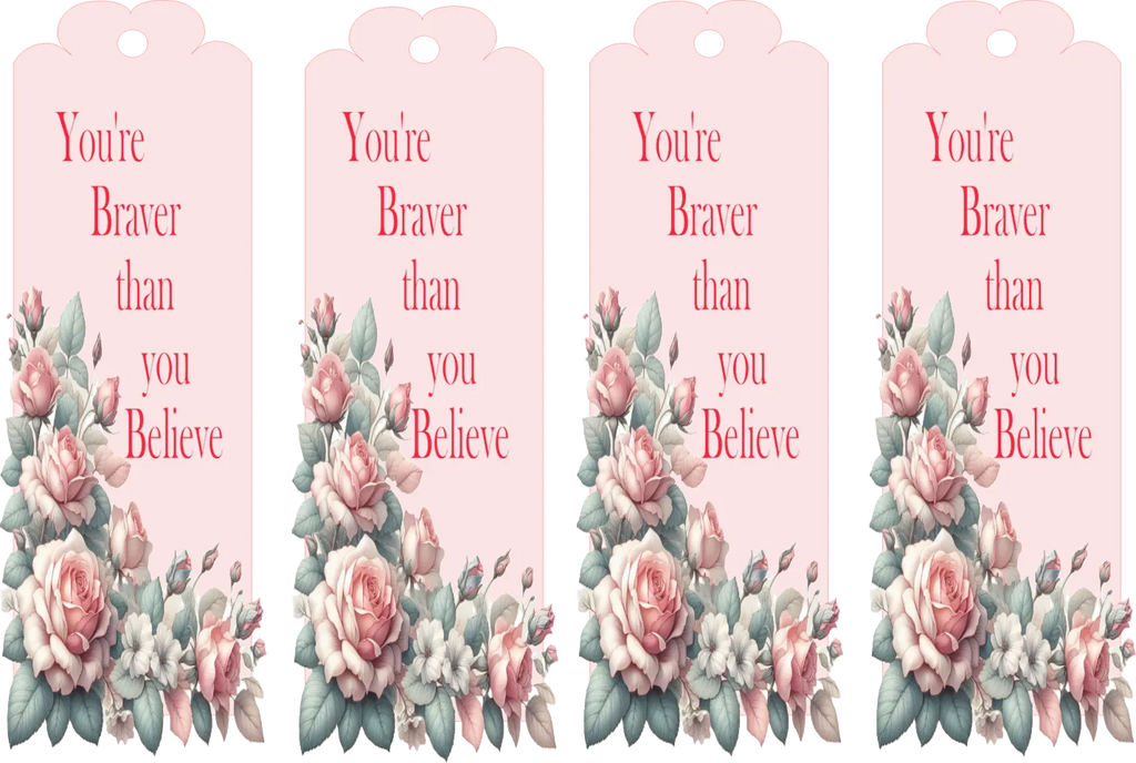 Four pink tags with floral designs and motivational text on a white background