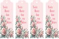 Four pink tags with floral designs and motivational text on a white background