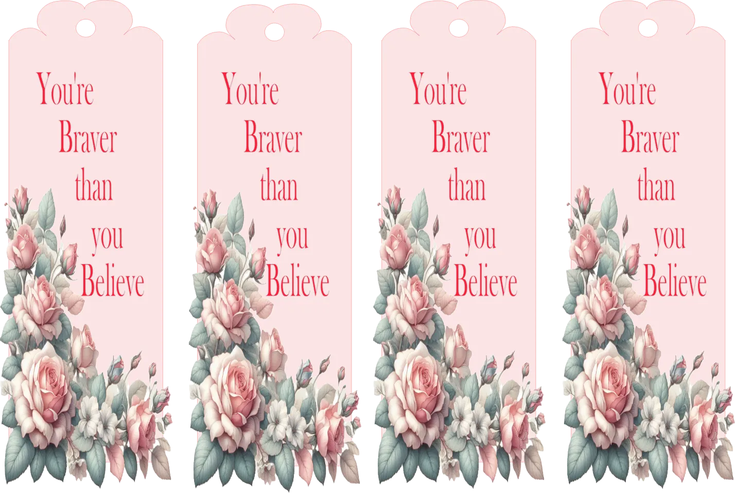 Four pink tags with floral designs and motivational text on a white background