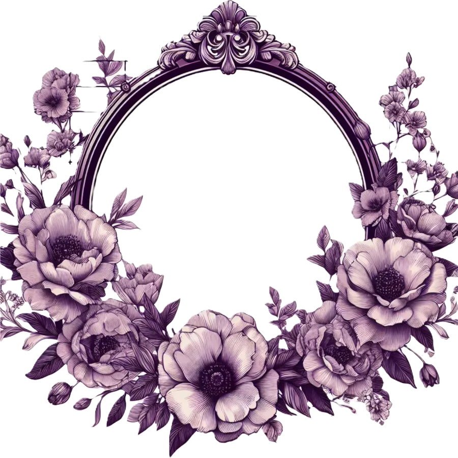 Decorative purple floral wreath with an ornate frame in the center on a white background