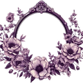 Decorative purple floral wreath with an ornate frame in the center on a white background