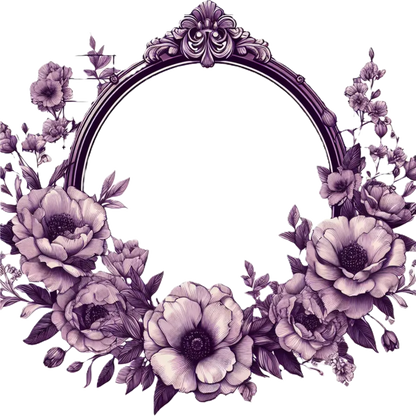 Decorative purple floral wreath with an ornate frame in the center on a white background