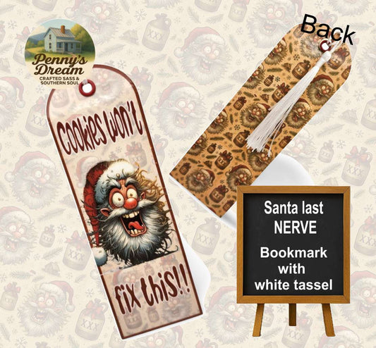 Bookmark with Santa design and tassel on a patterned background, featuring 'Penny's Dream' branding.