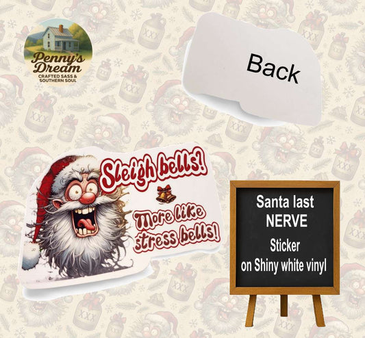 Sticker with Santa Claus graphic and text on a vinyl product display with 'Penny's Dream' branding.