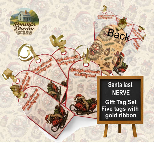 Set of five Santa-themed gift tags with gold ribbons on a decorative background, featuring the brand 'Penny's Dream'.