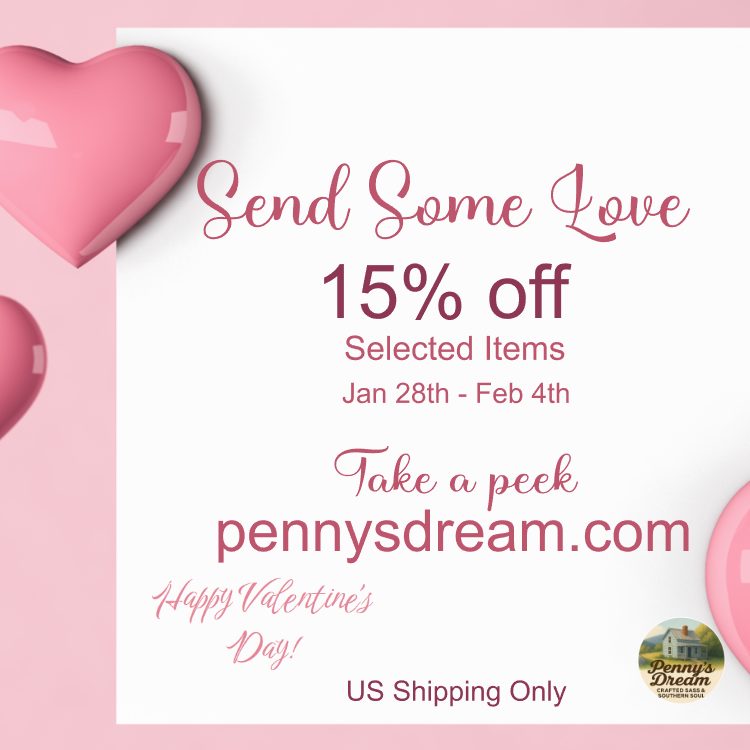 Promotional flyer for a 15% off sale with pink hearts on a white background.
