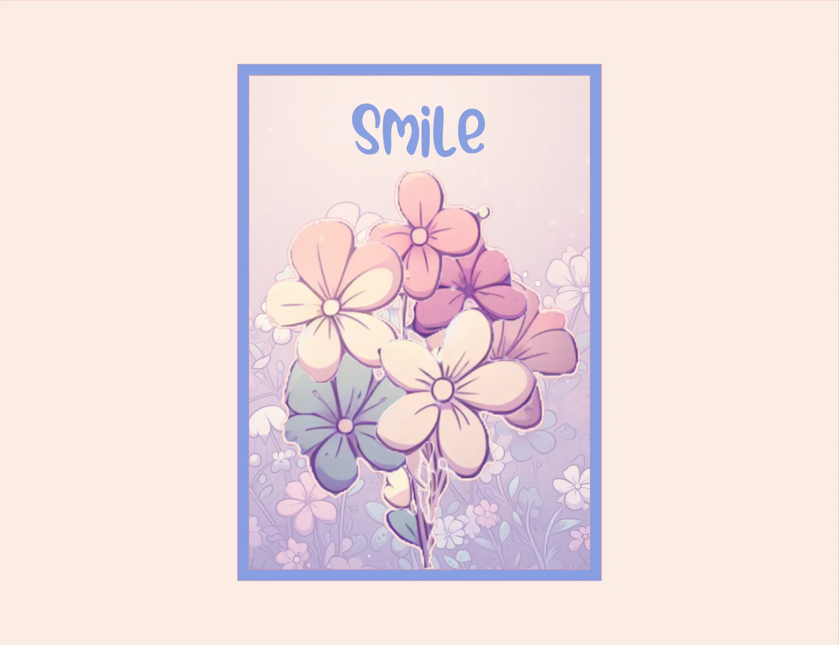 Pastel flowers with 'smile' text on a light pink background