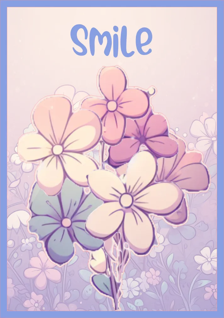 Pastel flowers with 'Smile' text on a light purple background