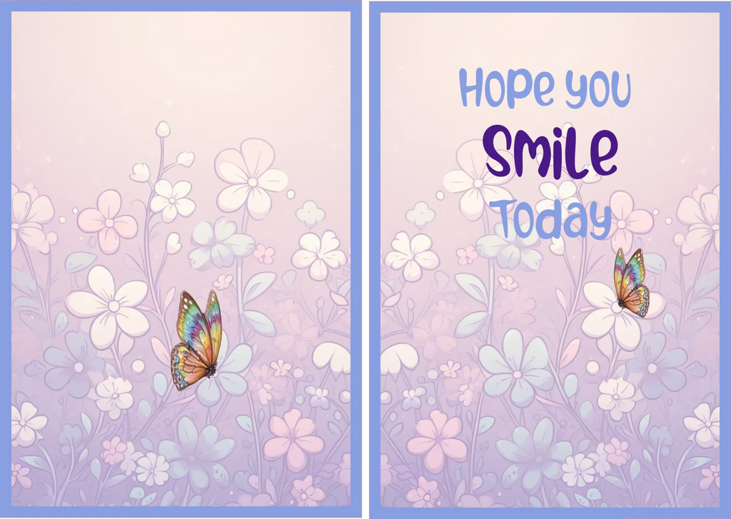 Floral card with butterflies and 'Hope you smile today' text on a pastel background