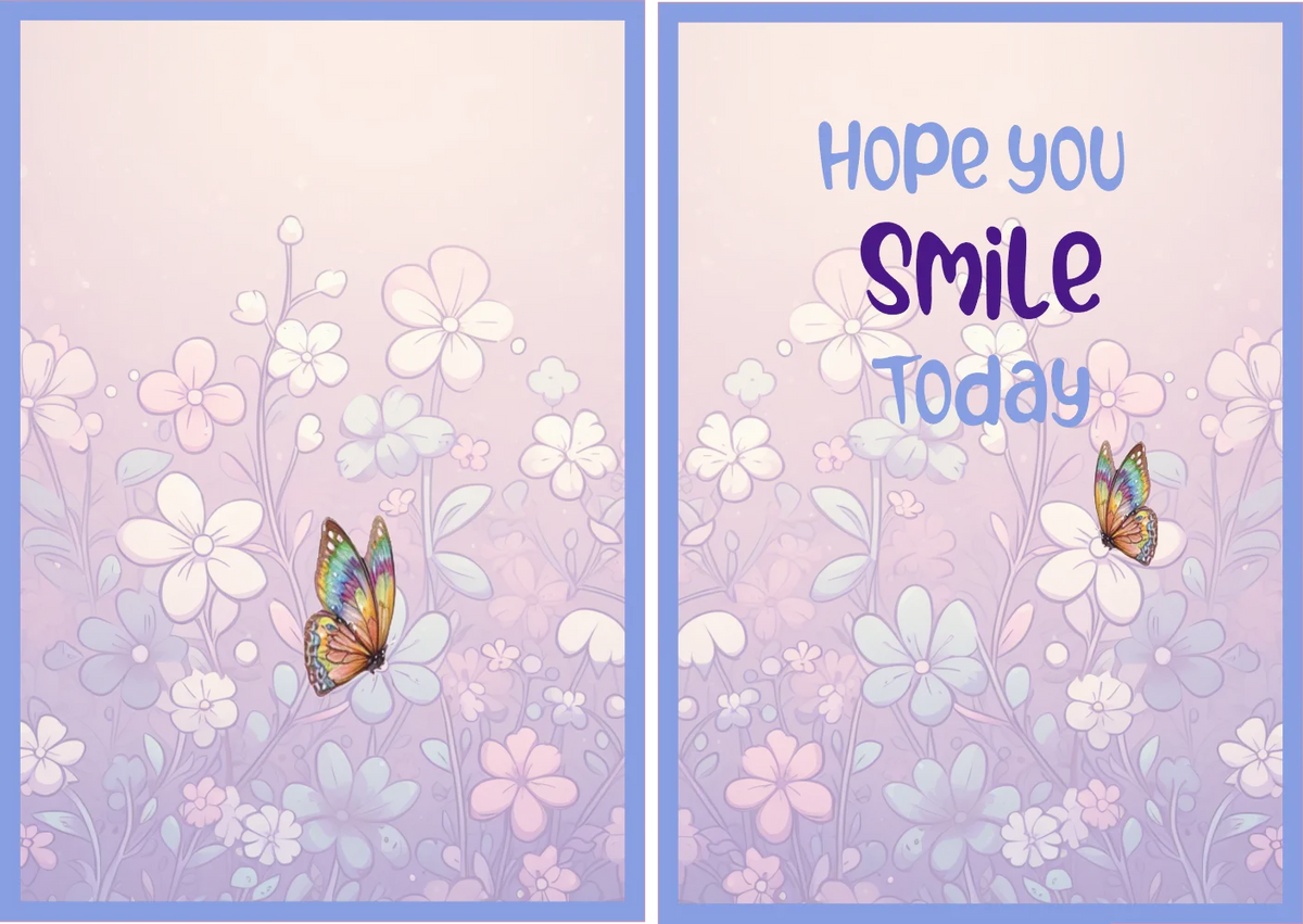 Floral card with butterflies and 'Hope you smile today' text on a pastel background