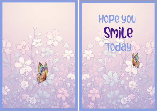 Floral card with butterflies and 'Hope you smile today' text on a pastel background