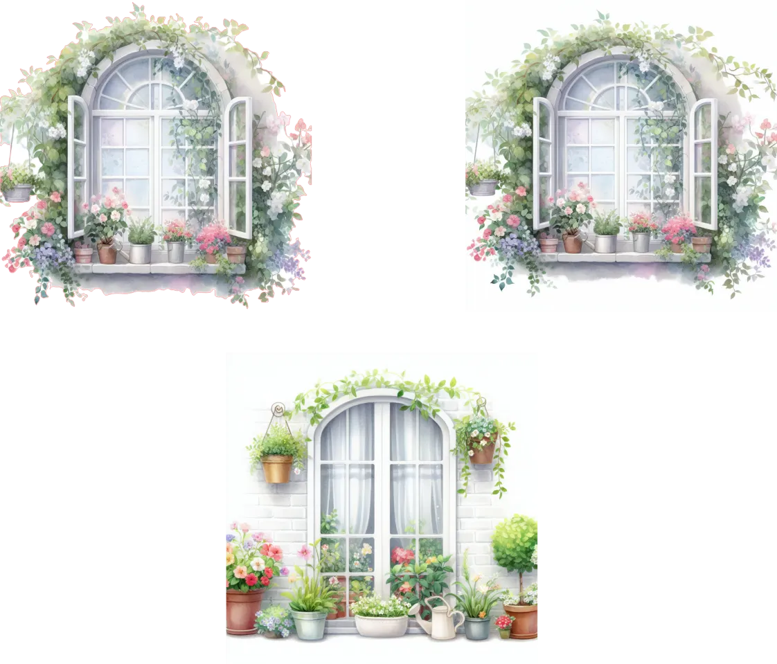 Illustration of a window with flowers and plants on a white background