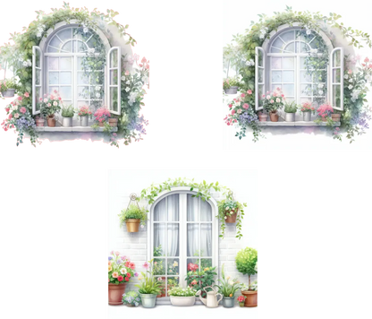 Illustration of a window with flowers and plants on a white background