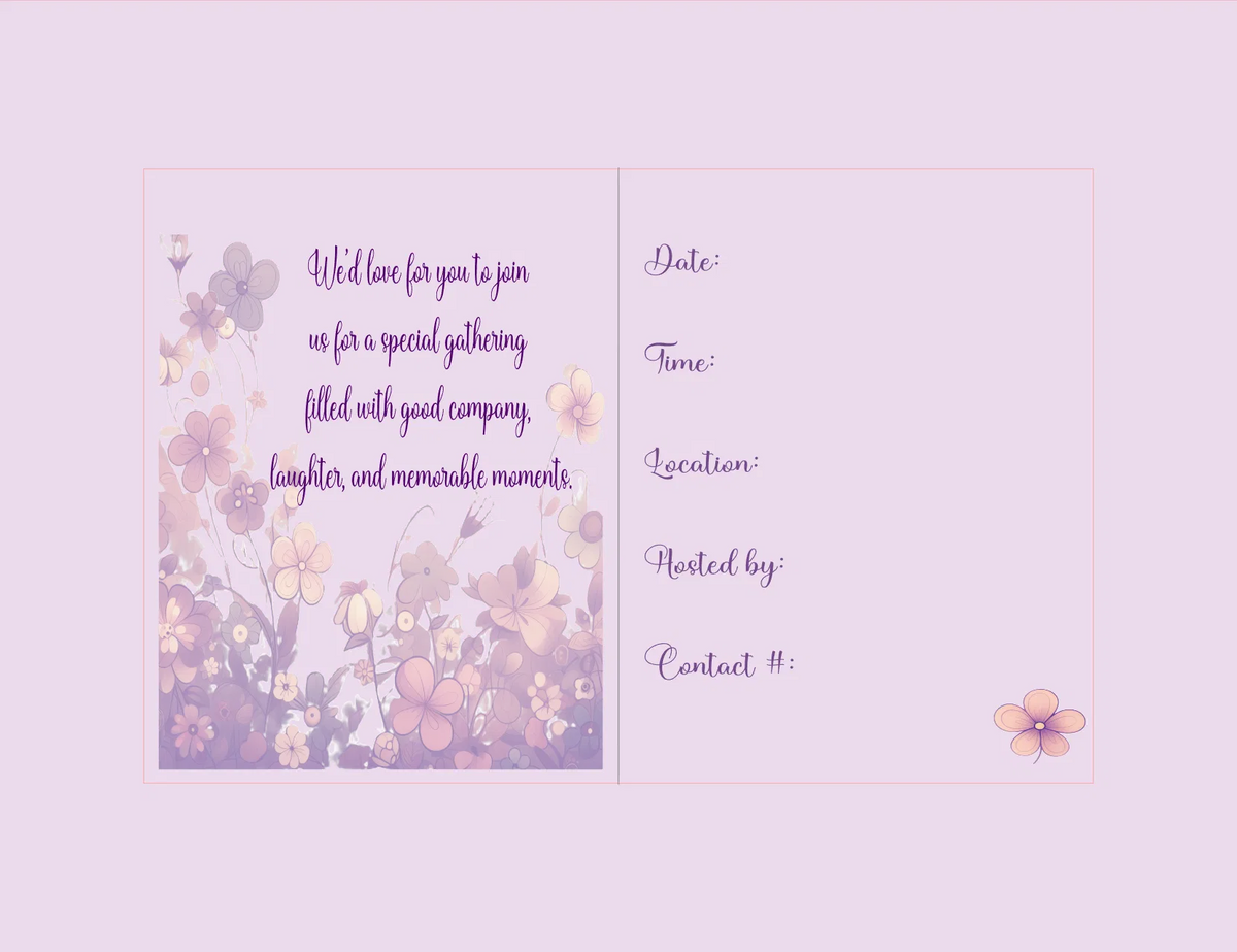 Invitation card with floral design and text fields on a light purple background