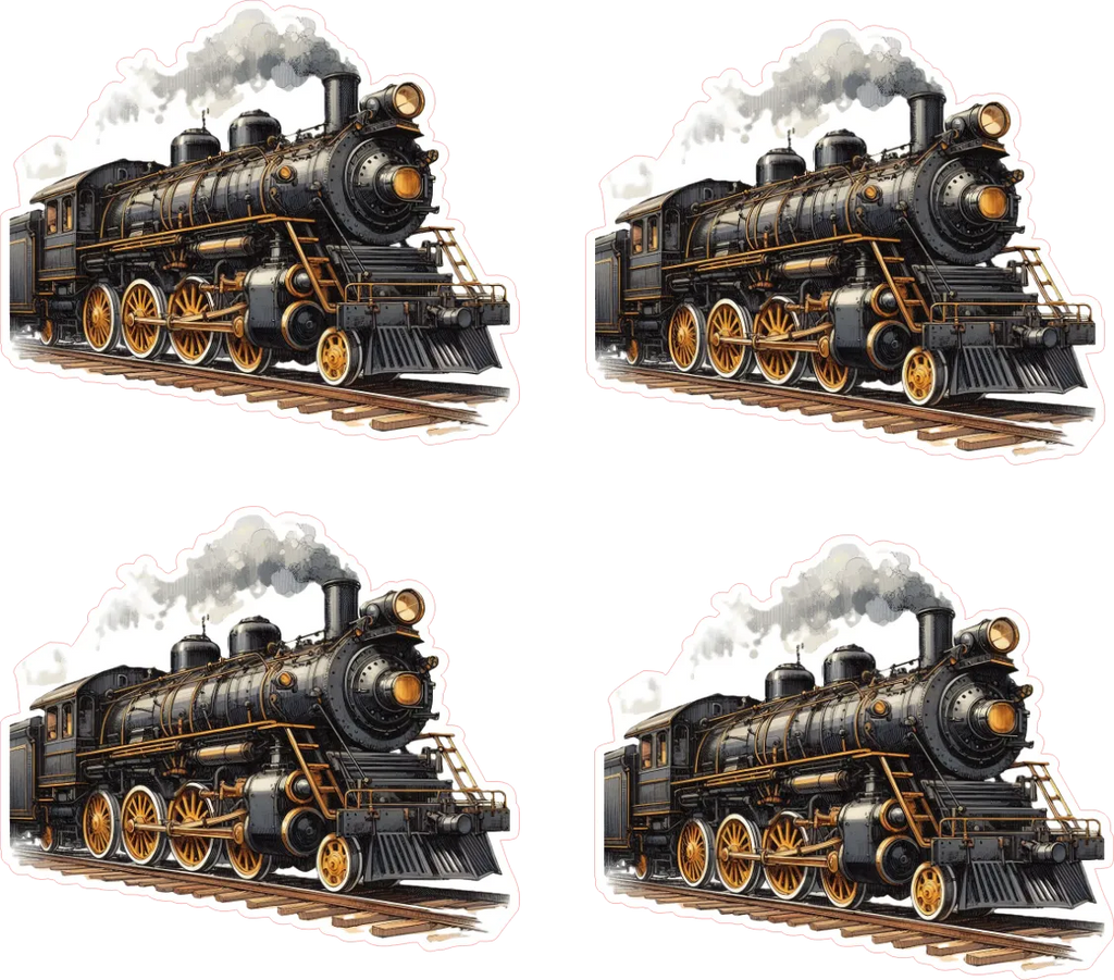 Four identical images of a vintage steam locomotive on tracks with smoke冒出.