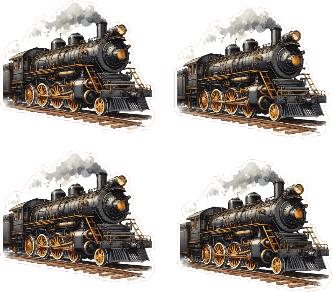 Four identical images of a vintage steam locomotive on tracks with smoke冒出.