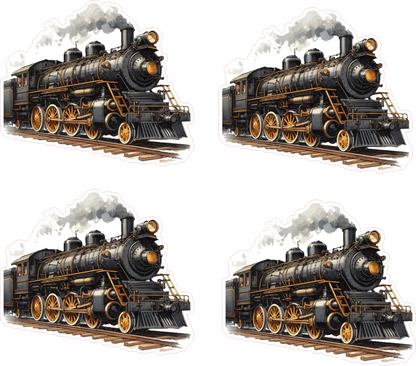 Four identical images of a vintage steam locomotive on tracks with smoke冒出.