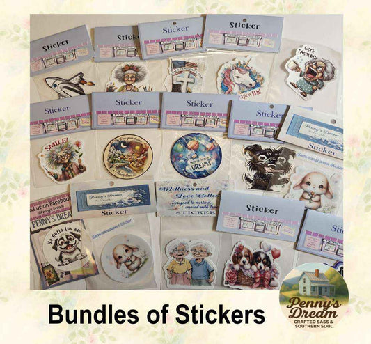Collection of various stickers with different designs on a light background.