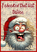 Cartoonish depiction of a frustrated Santa Claus with text 'I checked that list twice.' on a patterned background.