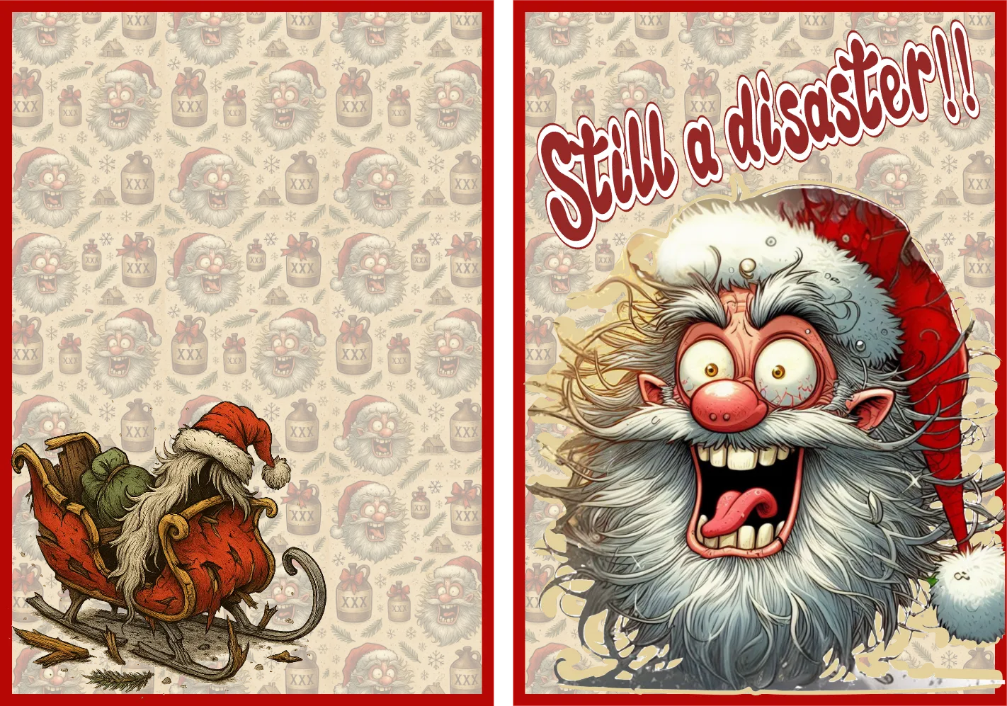 Cartoon Santa Claus in a distressed state with text 'Still a disaster!!' on a patterned background.
