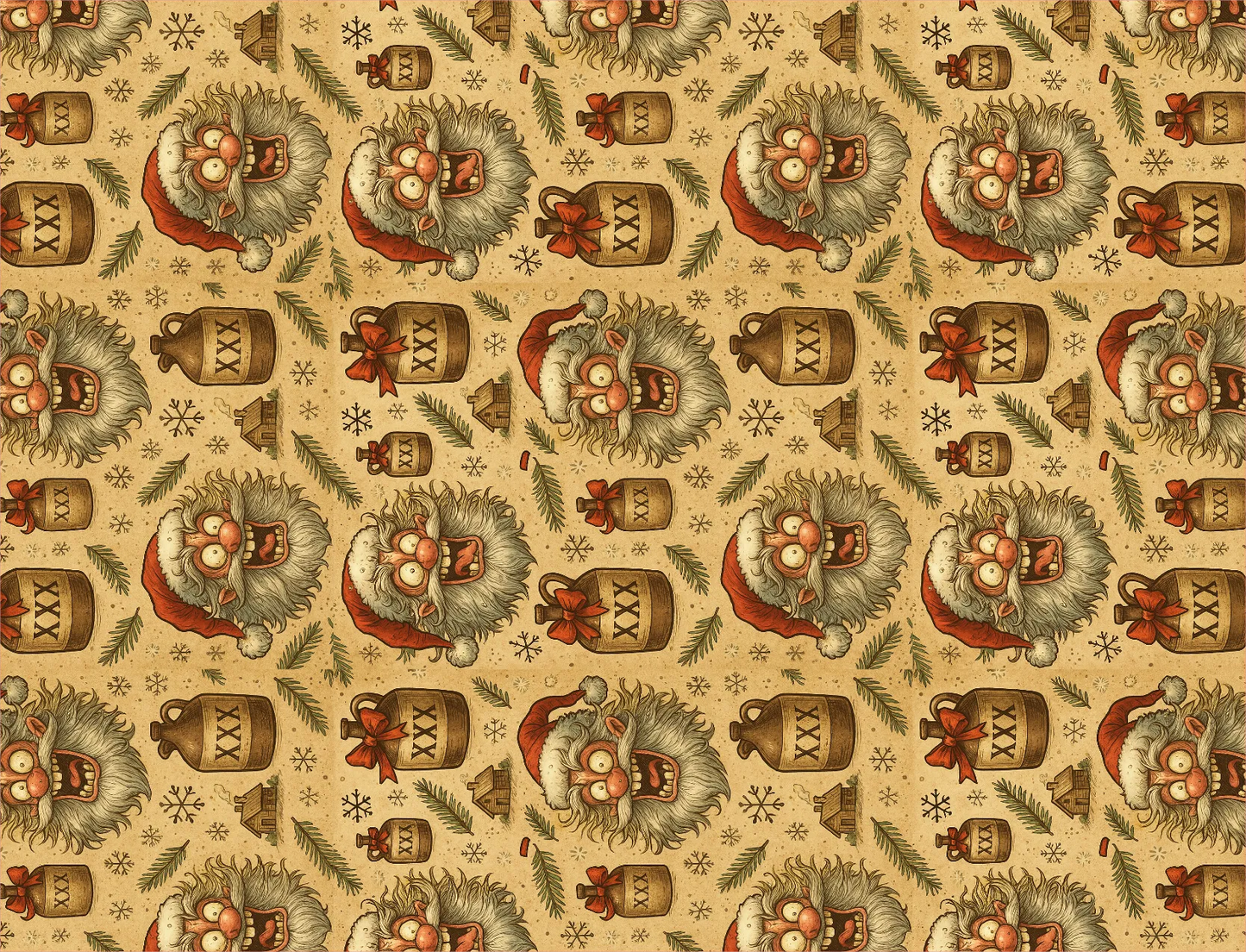 Patterned design with cartoon hedgehogs and Christmas elements on a beige background