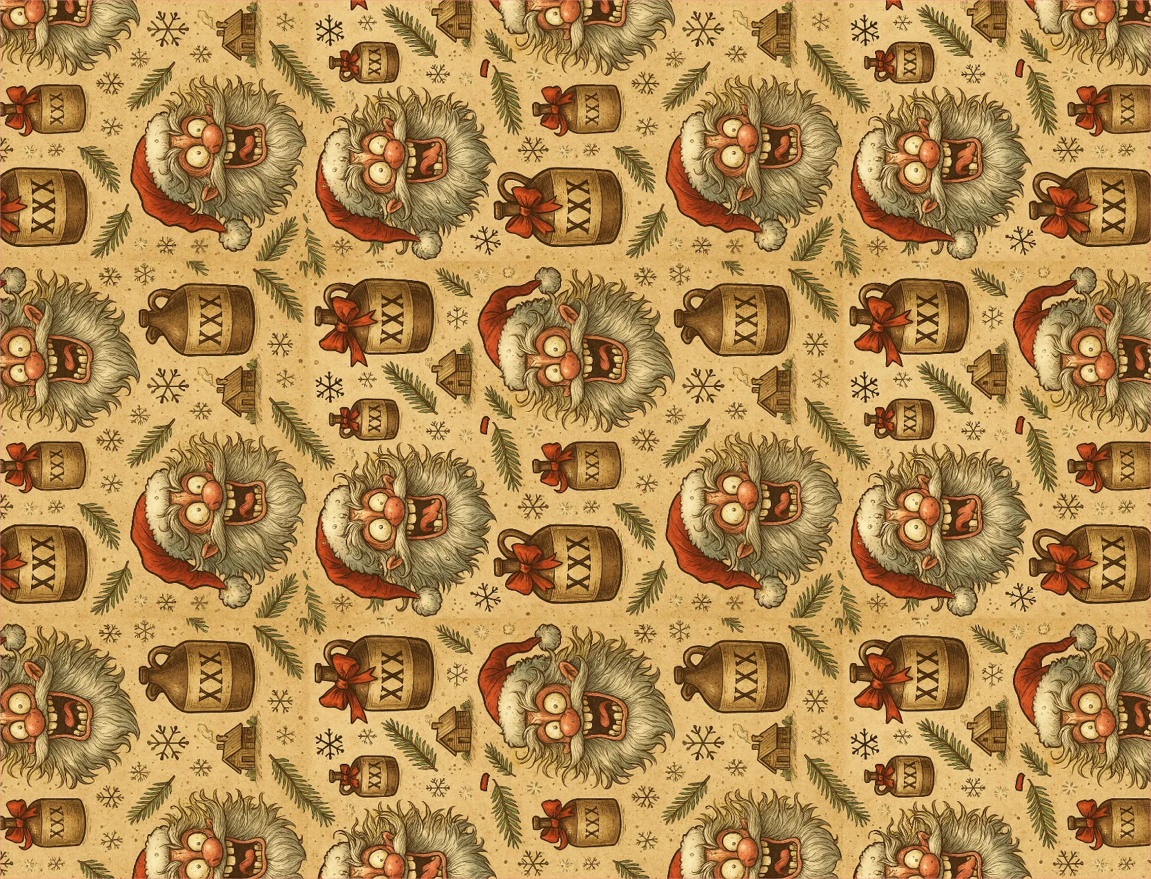 Patterned design with cartoon hedgehogs and Christmas elements on a beige background