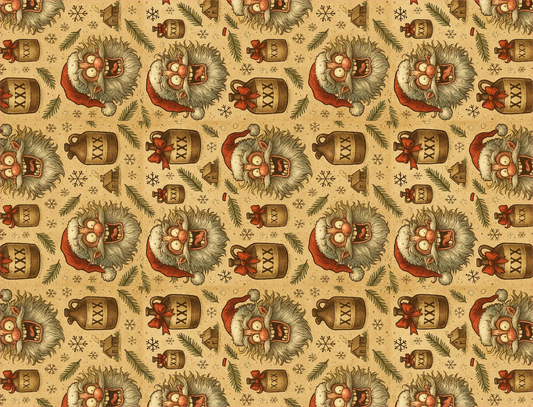Patterned design with cartoon hedgehogs and Christmas elements on a beige background