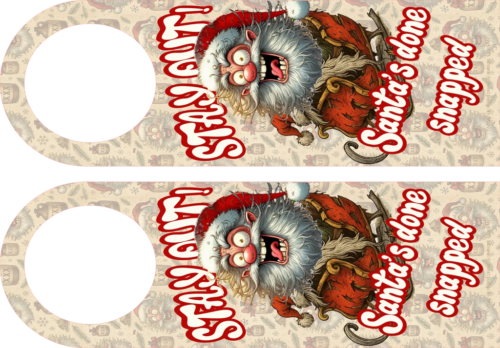 Two identical door hangers with a cartoonish monster and text on a patterned background.